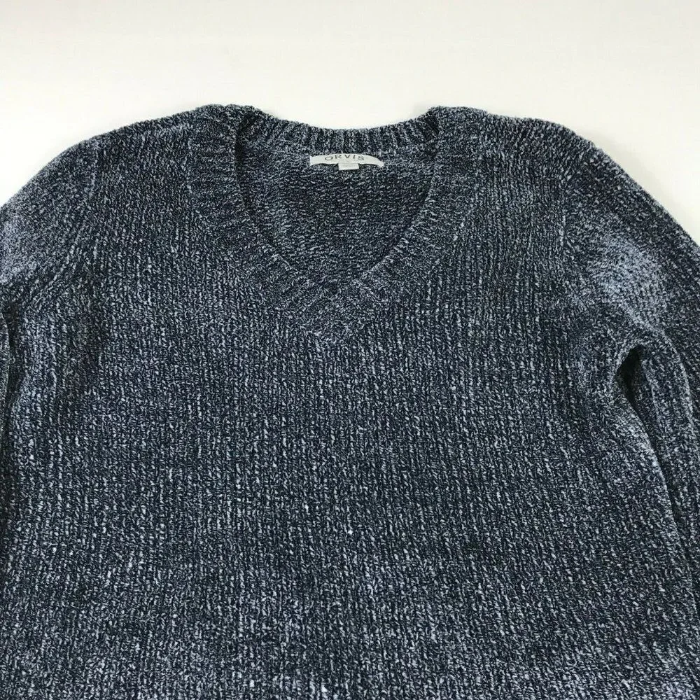 Orvis V-Neck Sweater Blue Chenille Knit Pullover